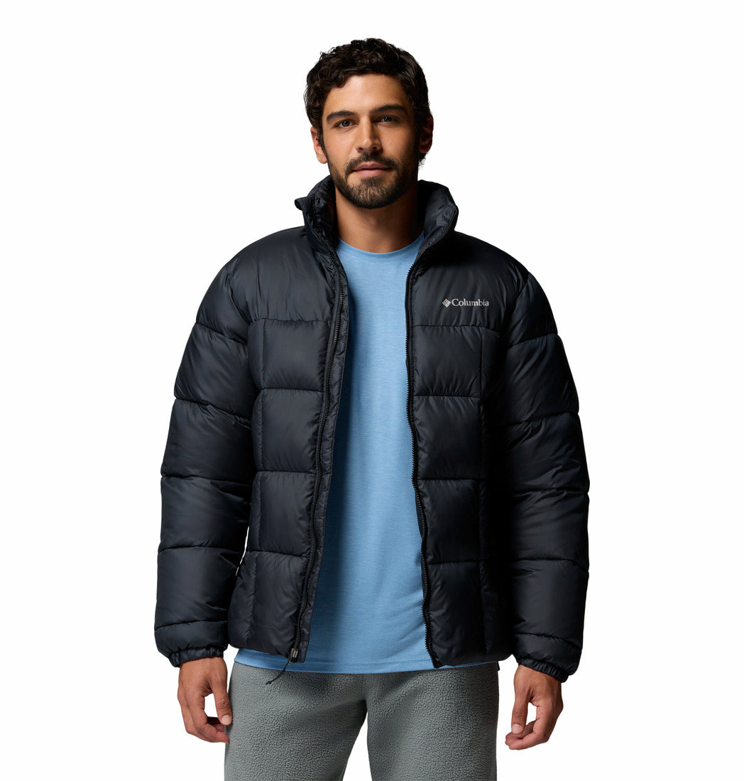 Columbia Mens Puffect Iv Jacket in black, front model view worn open