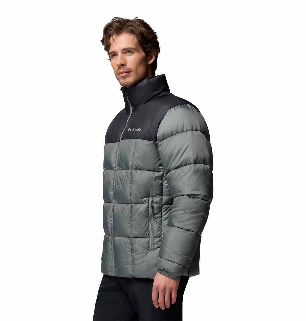 Columbia Mens Puffect IV Jacket in Sedona Sage, angled model view showing side and zippered pocket