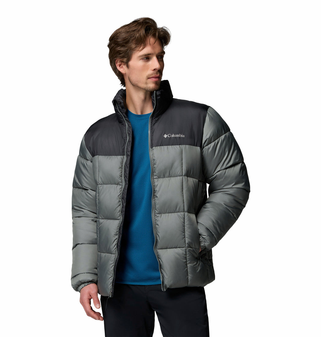 Columbia Mens Puffect IV Jacket in Sedona Sage worn open by model over blue top, front view
