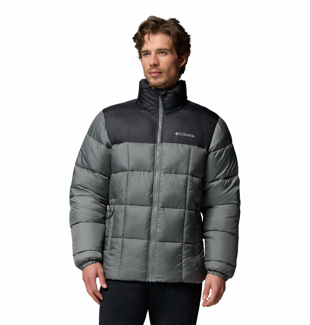 Columbia Mens Puffect IV Jacket in Sedona Sage with black yoke, front view worn by model
