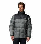 Columbia Mens Puffect IV Jacket in Sedona Sage with black yoke, front view worn by model