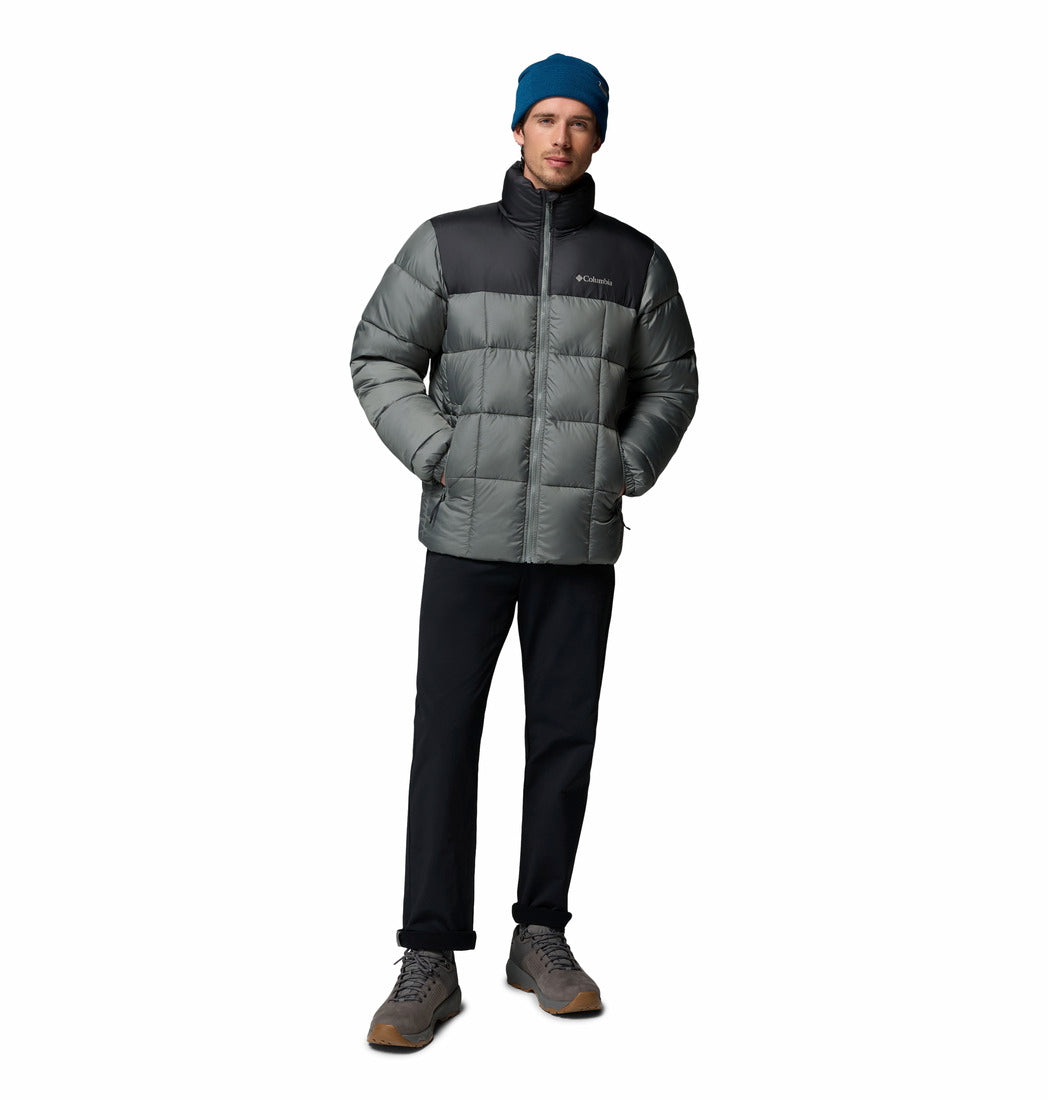 Columbia Mens Puffect IV Jacket in Sedona Sage worn by model with hands in pockets, full - length front view