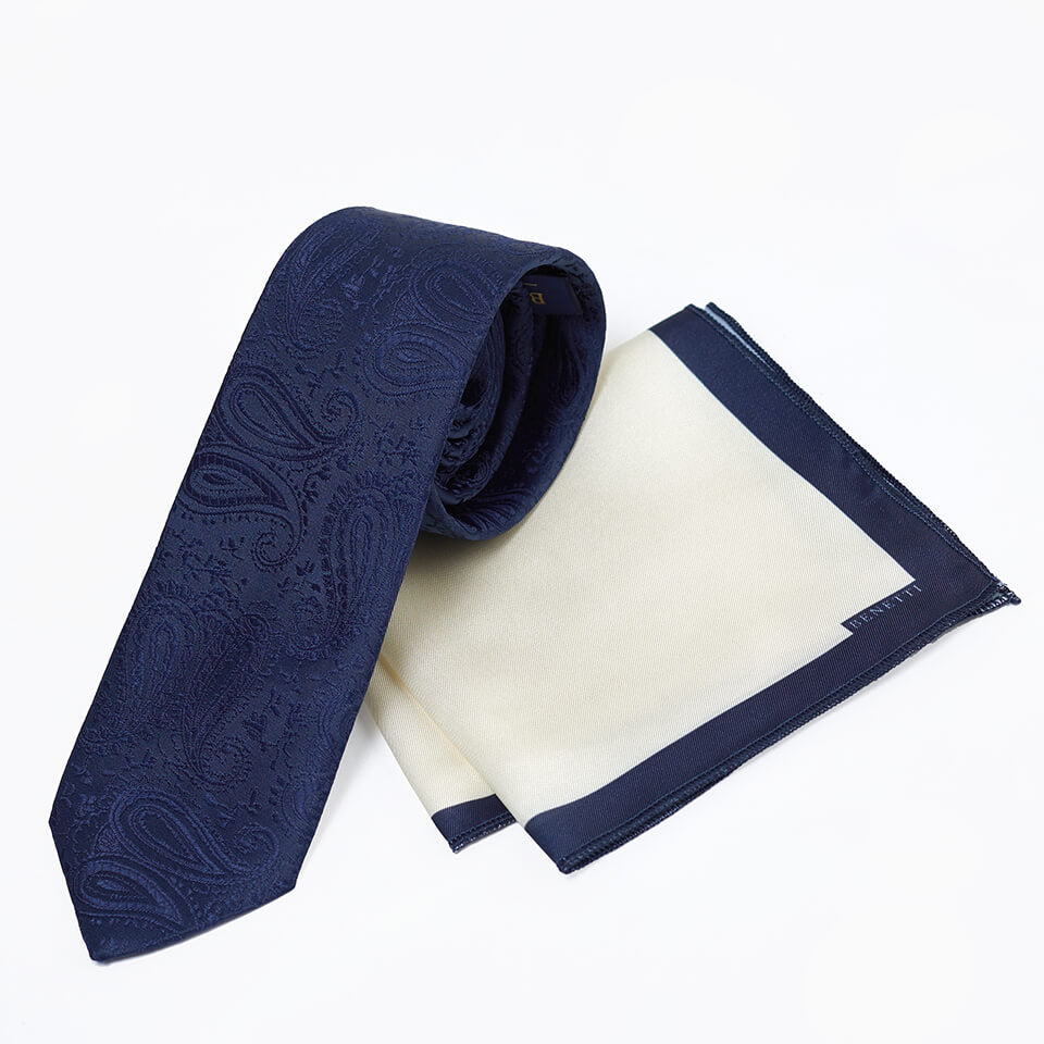 Navy Paisley Tie & Cream and navy pocket square