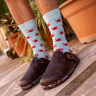 A person wearing light blue crew socks with a red crab pattern, paired with dark brown leather clogs, standing on outdoor stone steps with potted plants in the background.