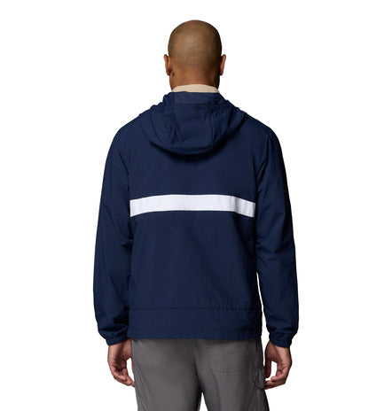 Navy jacket with a white stripe on the back, worn by a person on a white background