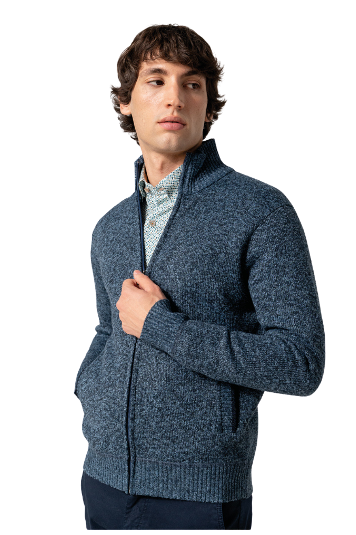 Man wearing a blue knitted sweater cardigan on a white background