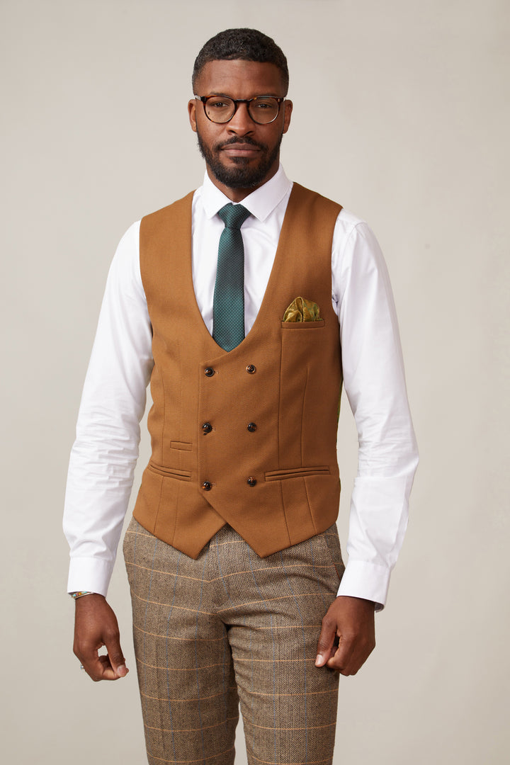 MARC DARCY Kelvin Double Breasted Tan Waistcoat TAN front view