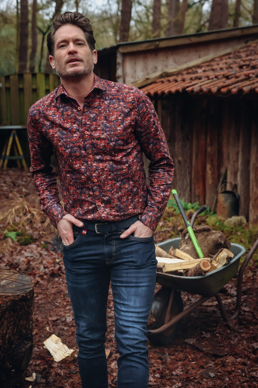 Men's Burgundy Shirt With Forest/Leaves Pattern-Model Front View