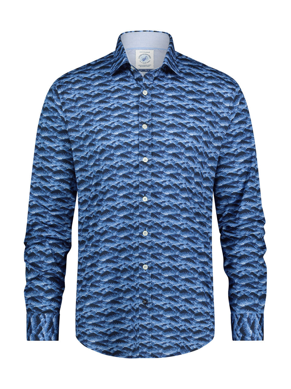 Men's Classic Blue Shirt With Rocky Mountain Pattern-Ghost Front View