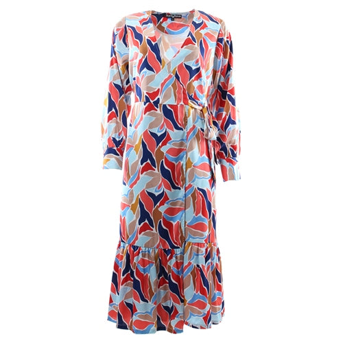 Ghost front view of the Cassandra blue and coral midi dress