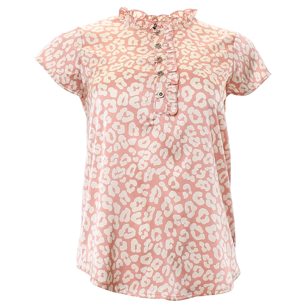 Rose leopard print short sleeve satin top ghost front view