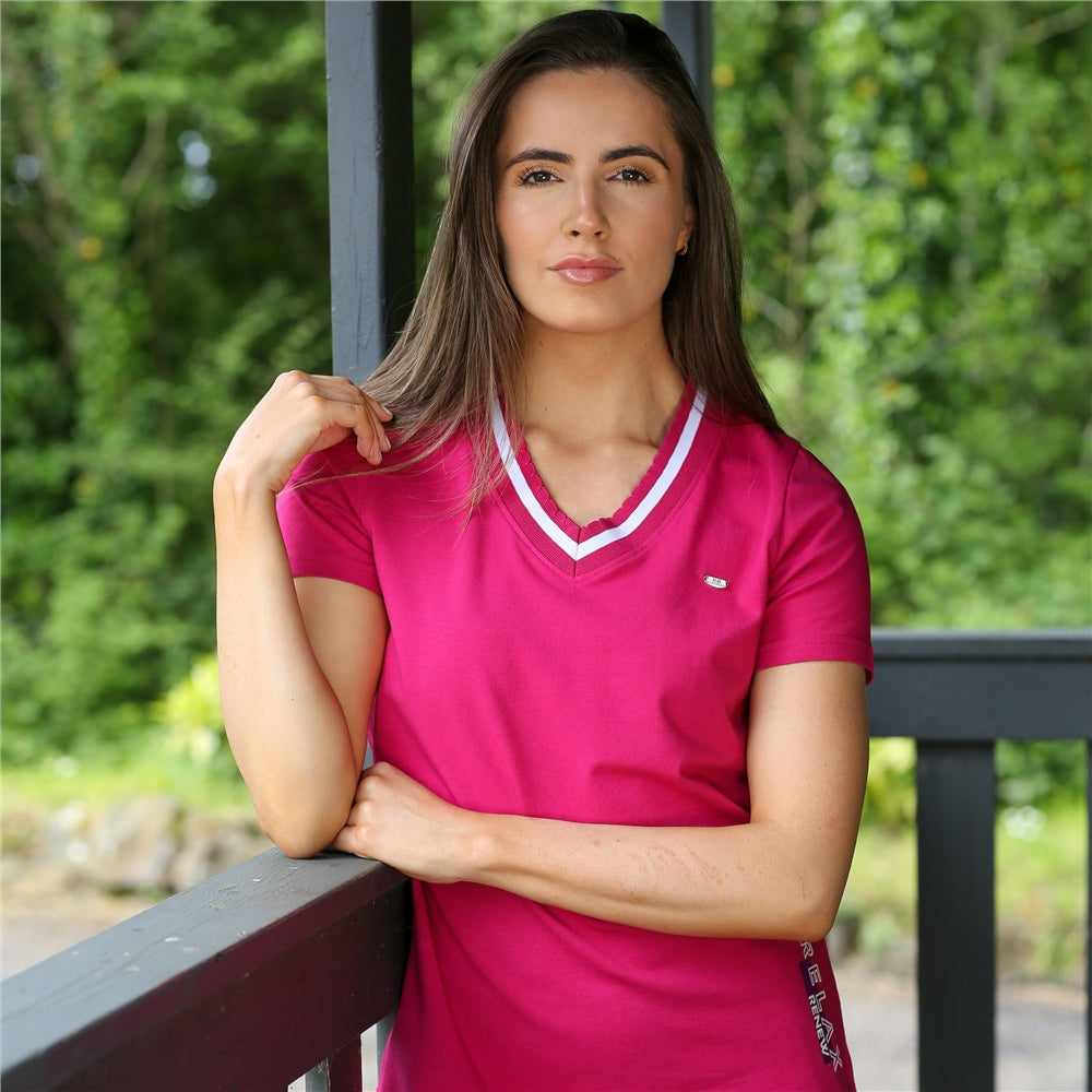 Ladies Leah Cerise Pink V-Neck Tee-Model Front View 2