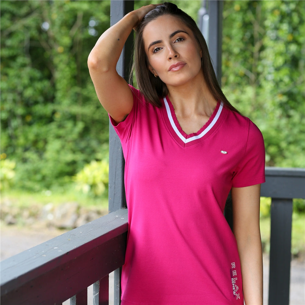 Ladies Leah Cerise Pink V-Neck Tee-Model Front View