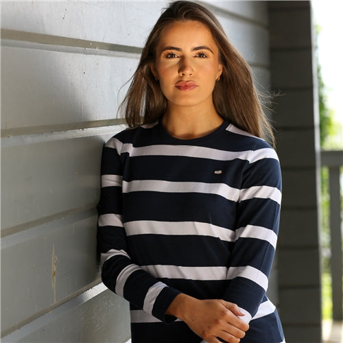 Ladies Mora Stripe Long Sleeve Tee - Navy/White-Close View of Front