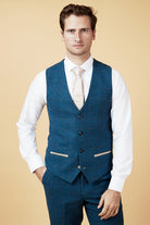MARC DARCY Dion Tweed Blue Waistcoat Blue front view