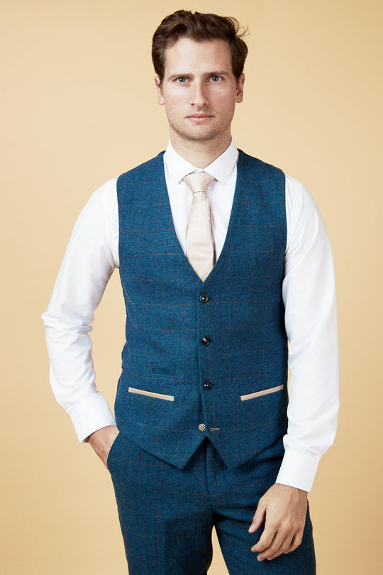 MARC DARCY Dion Tweed Blue Waistcoat Blue front view