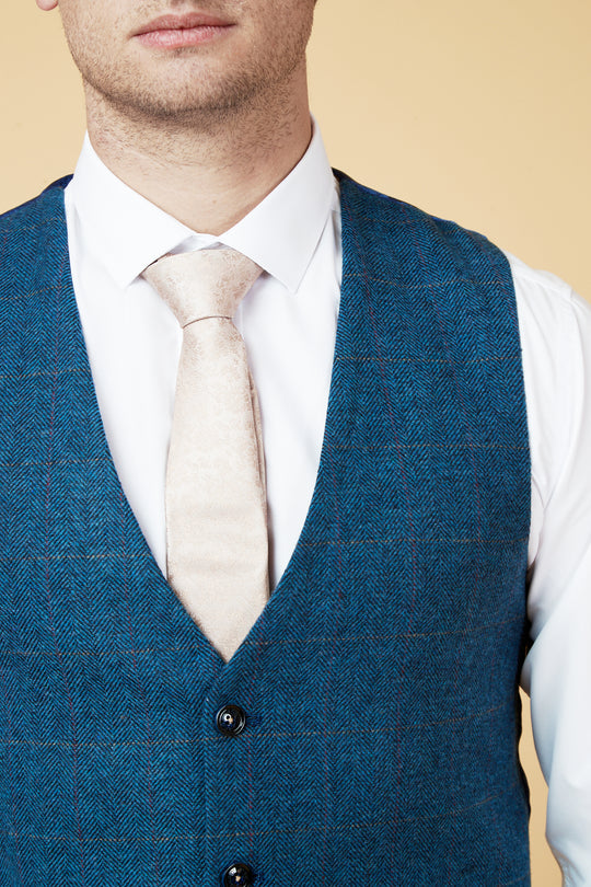 Dion Tweed Blue Waistcoat-Close up detail view