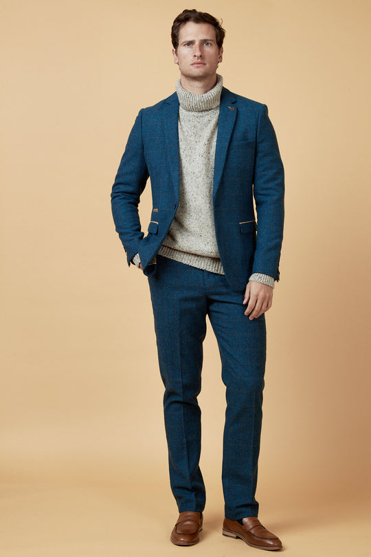 MARC DARCY Dion Tweed Herringbone Blazer by Marc Darcy Blue model front view