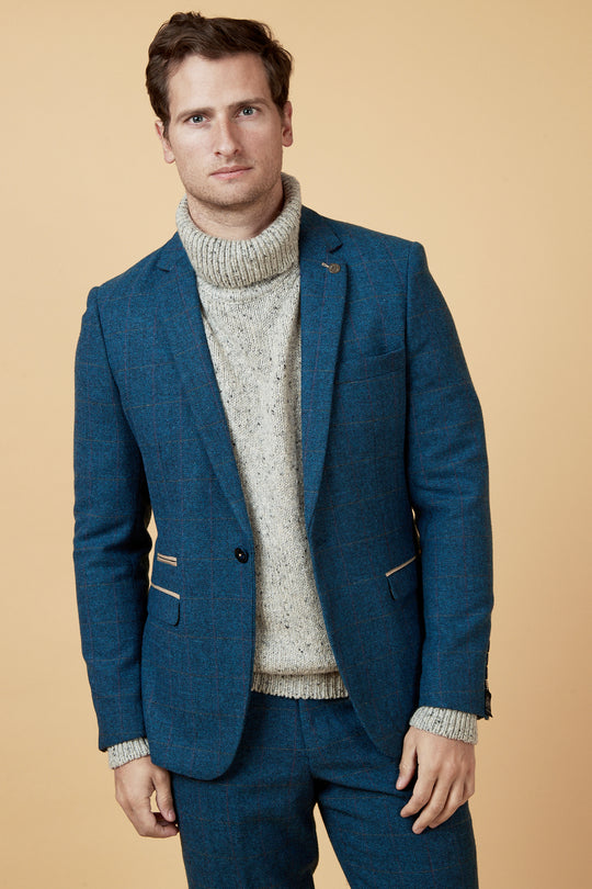 MARC DARCY Dion Tweed Herringbone Blazer by Marc Darcy Blue detail view