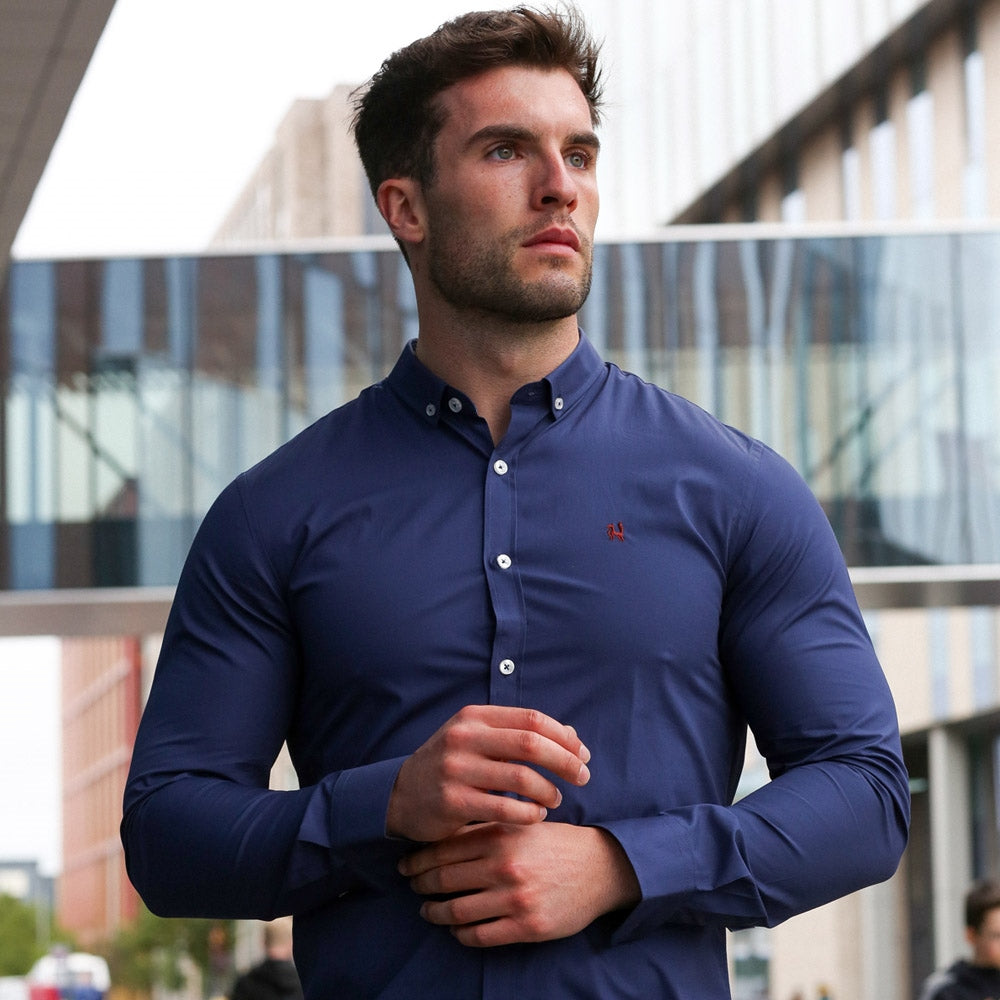 Men's Cameron Long Sleeve Navy Shirt-Closer Front View