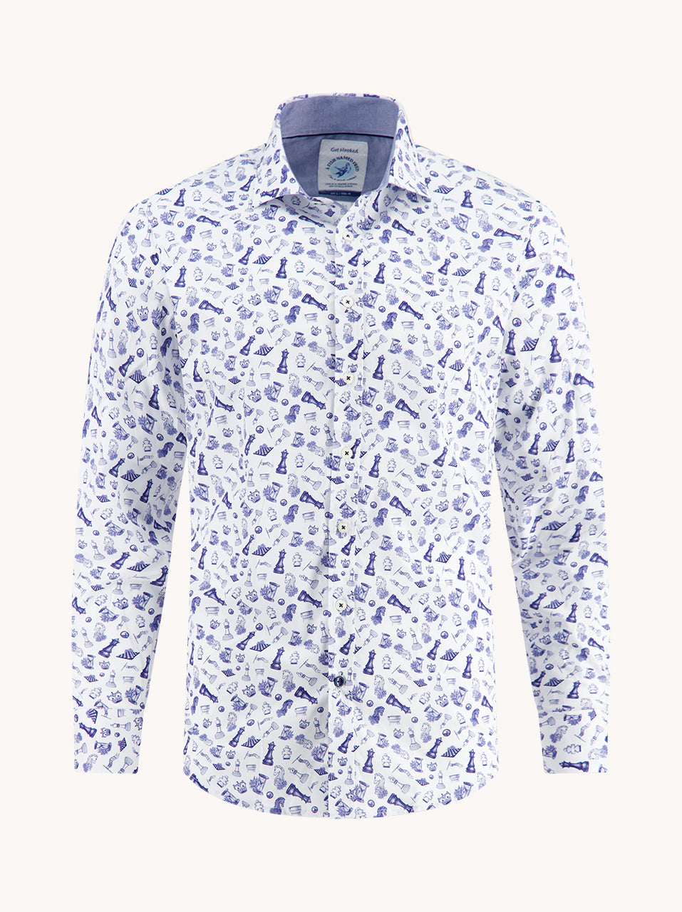 Men's Long Sleeve Shirt With Chess Pattern-Ghost Front View