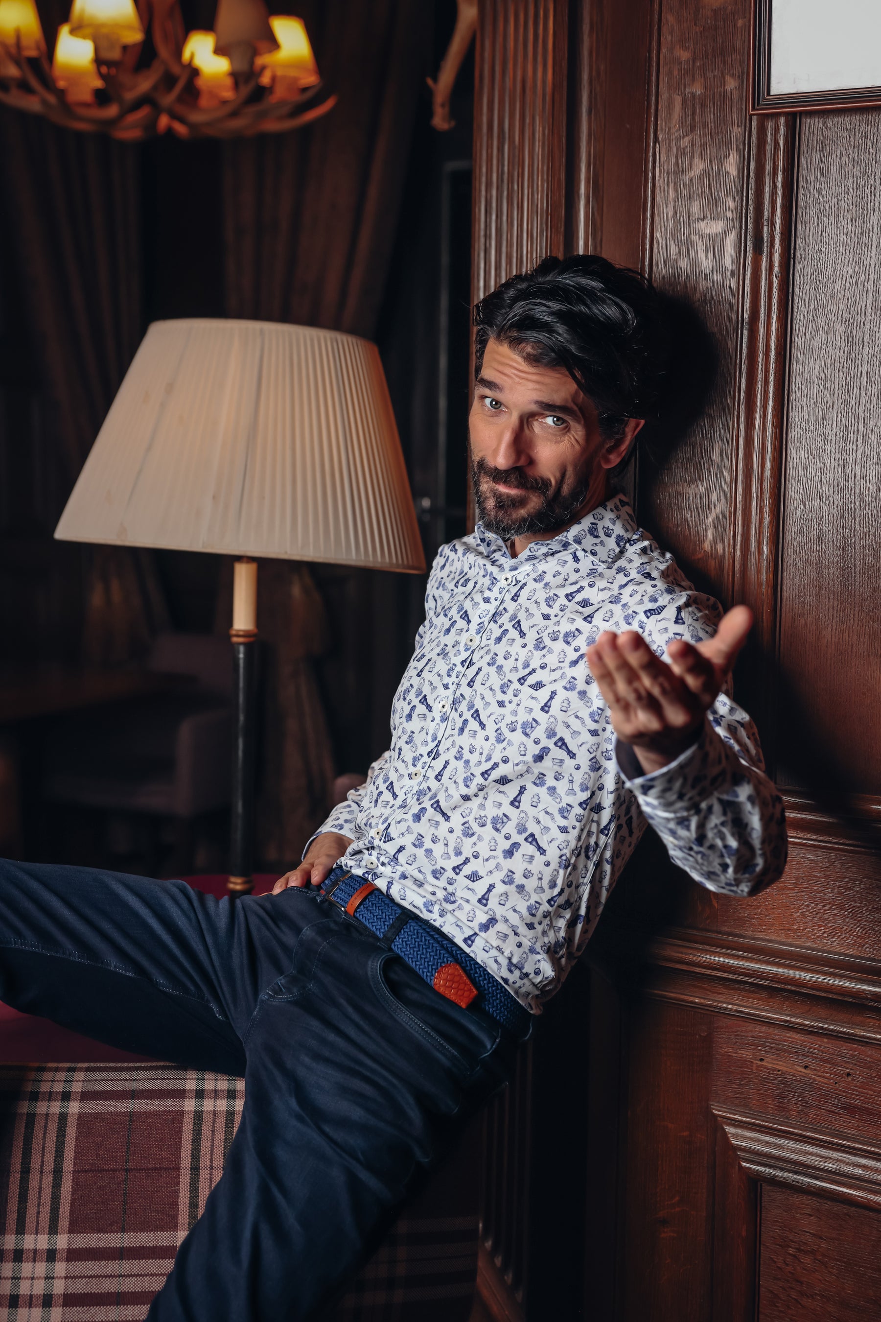Men's Long Sleeve Shirt With Chess Pattern-Model Front View