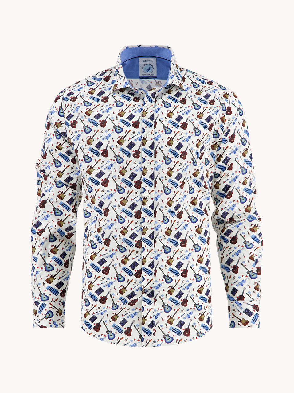 Men's Long Sleeve Shirt With Guitar Pattern-Off White-Ghost Front View