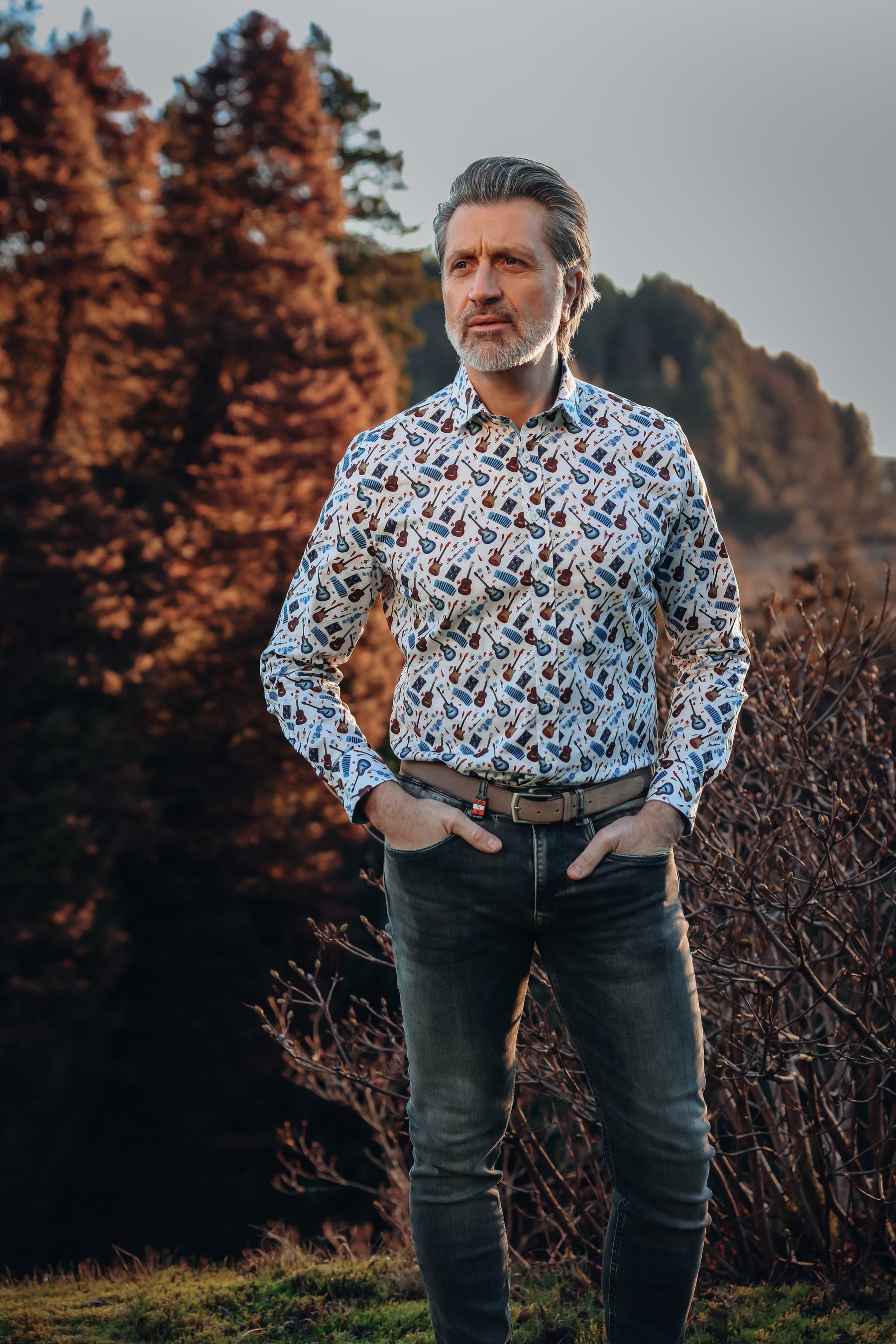 Men's Long Sleeve Shirt With Guitar Pattern-Off White-Model Front View