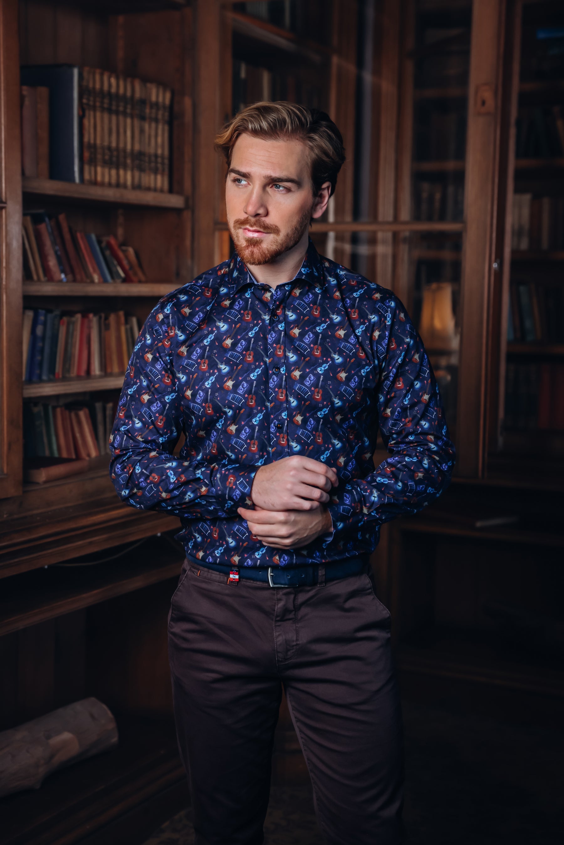 Men's Long Sleeve Shirt With Guitar Pattern-Navy-Model Front View