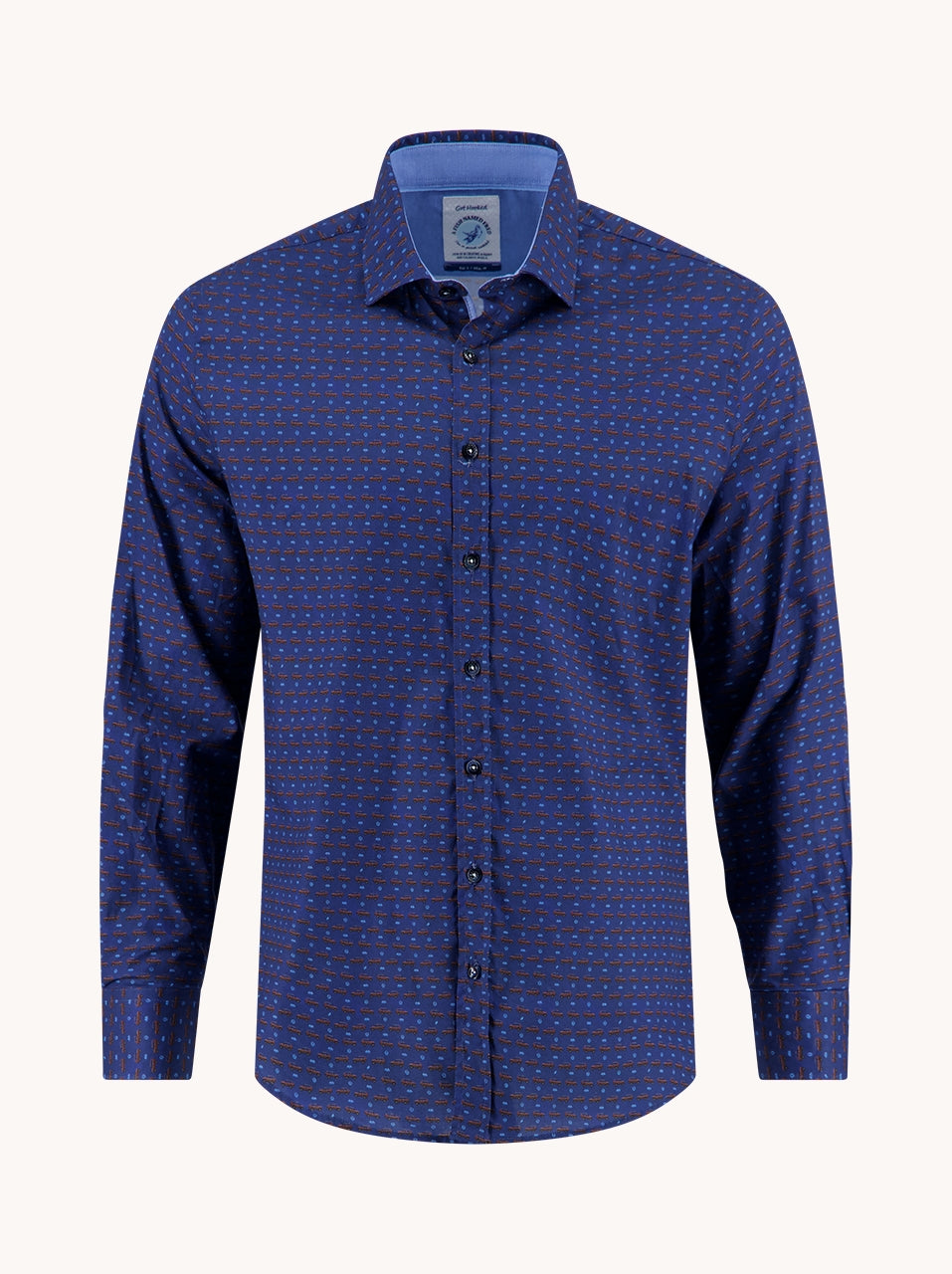 Men's Long Sleeve Navy Shirt With Wagon Pattern-Front View
