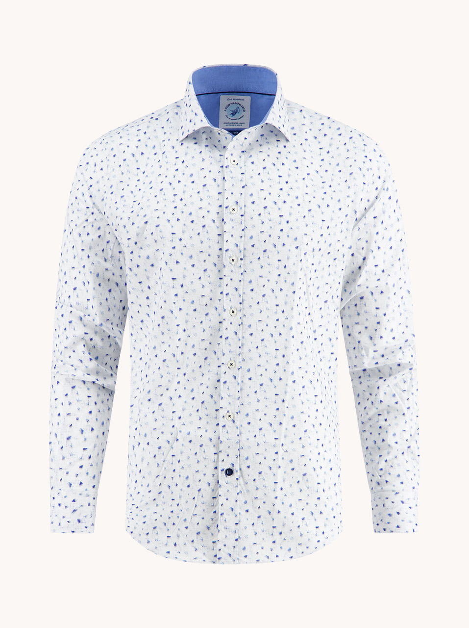 Mens Long Sleeve Classic Blue Shirt With Sketch Pattern-Front View