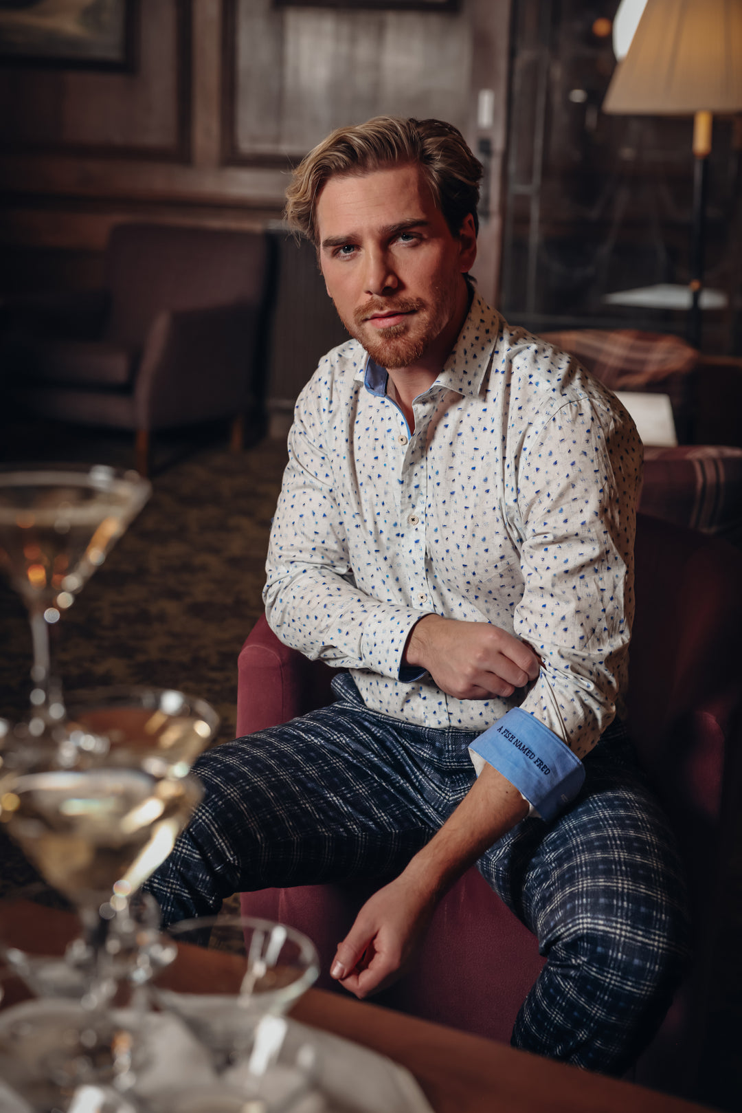 Mens Long Sleeve Classic Blue Shirt With Sketch Pattern-Model View