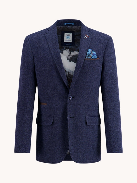 Blue blazer with a patterned pocket square on a white background