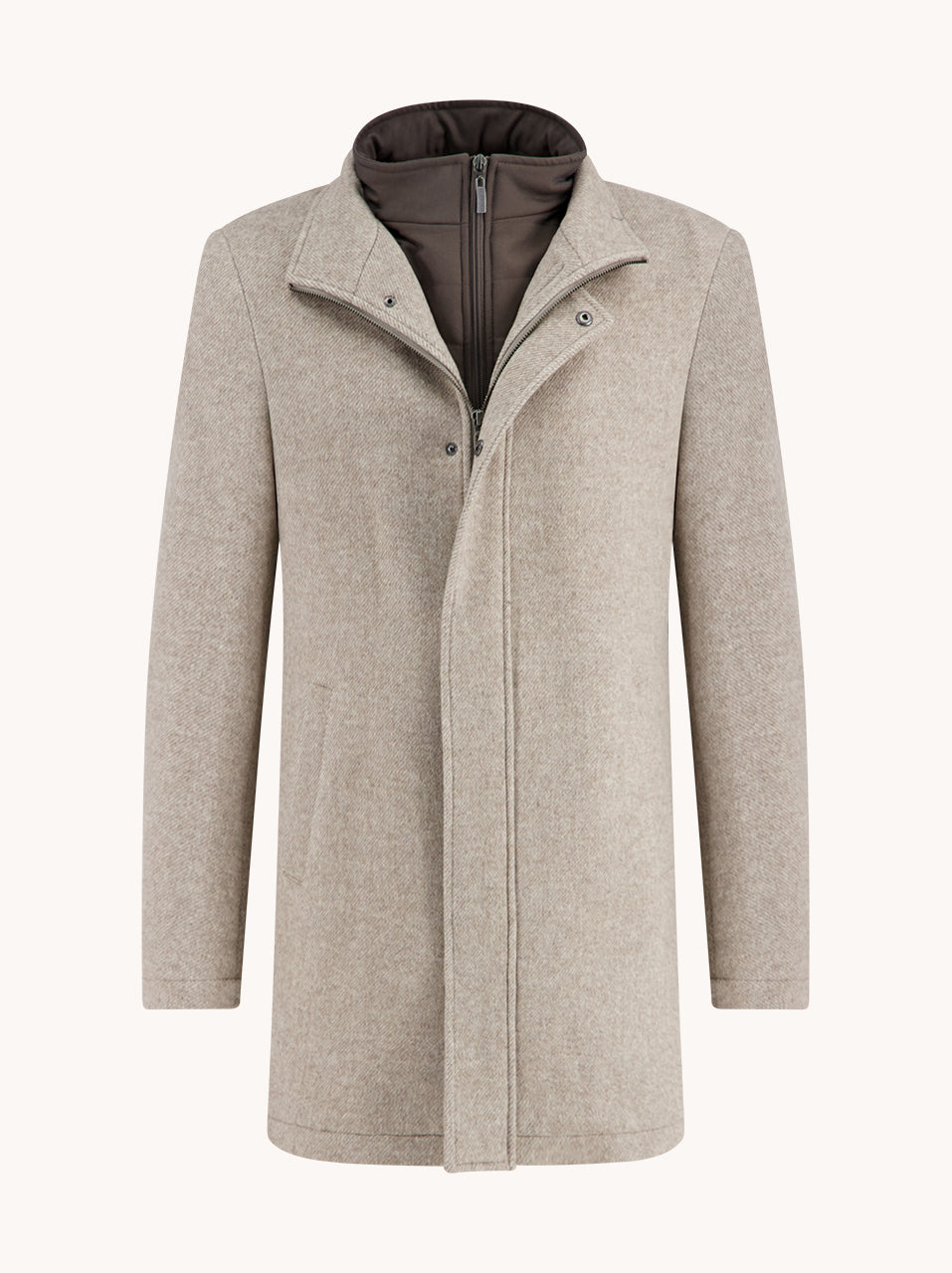 Beige overcoat with a dark collar on a white background