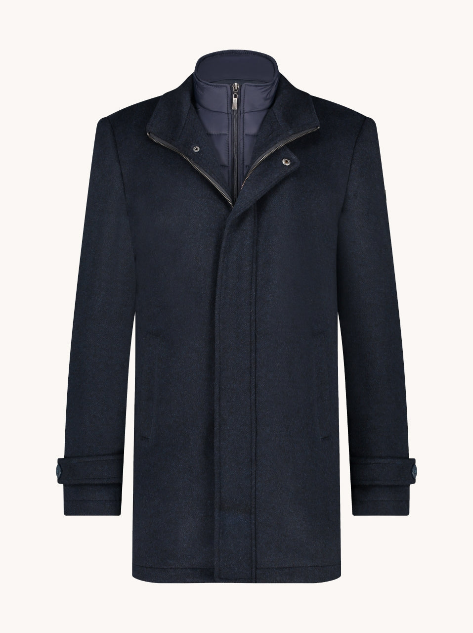 Navy blue coat with a high collar on a white background