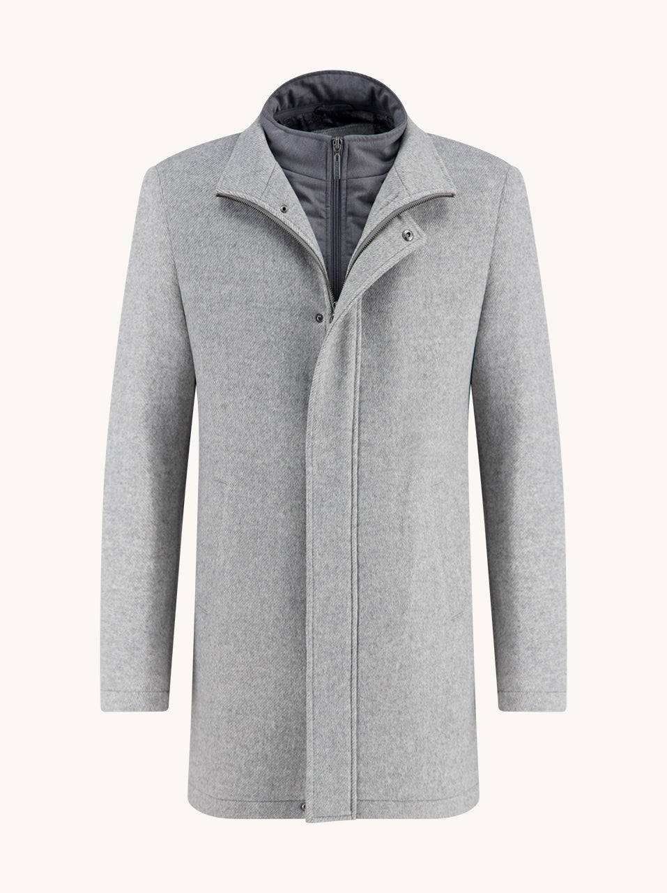 A Fish Named Fred Grey Funnel Neck Coat GREY model front view