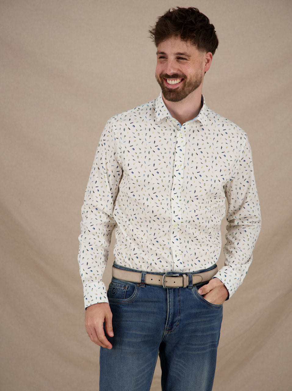 A Fish Named Fred Shirt Paint Strokes in multicolor green, worn by model