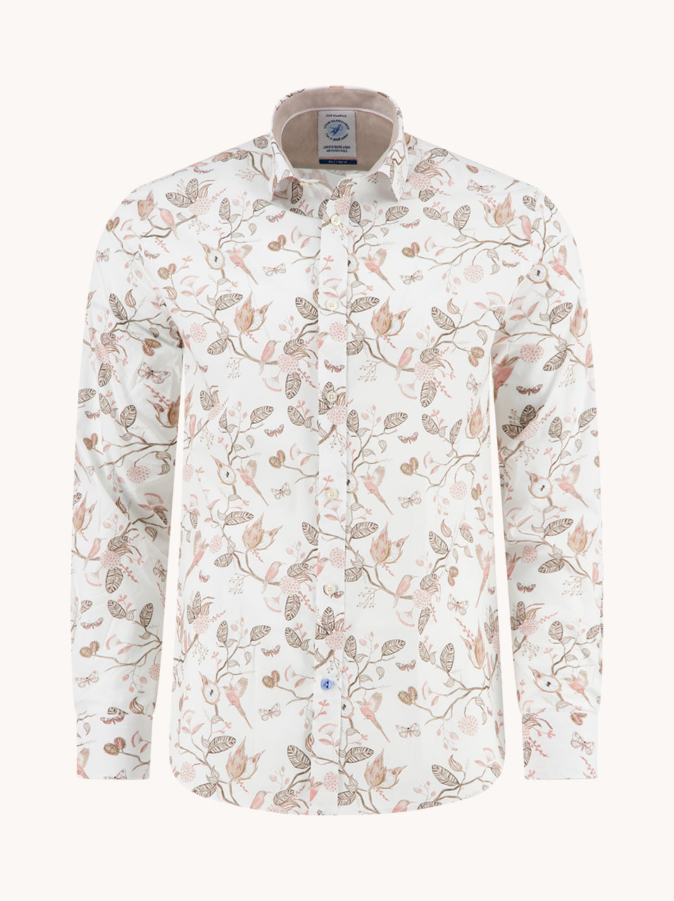 A Fish Named Fred Shirt Birdy Blooms in sand, front view with bird and floral print