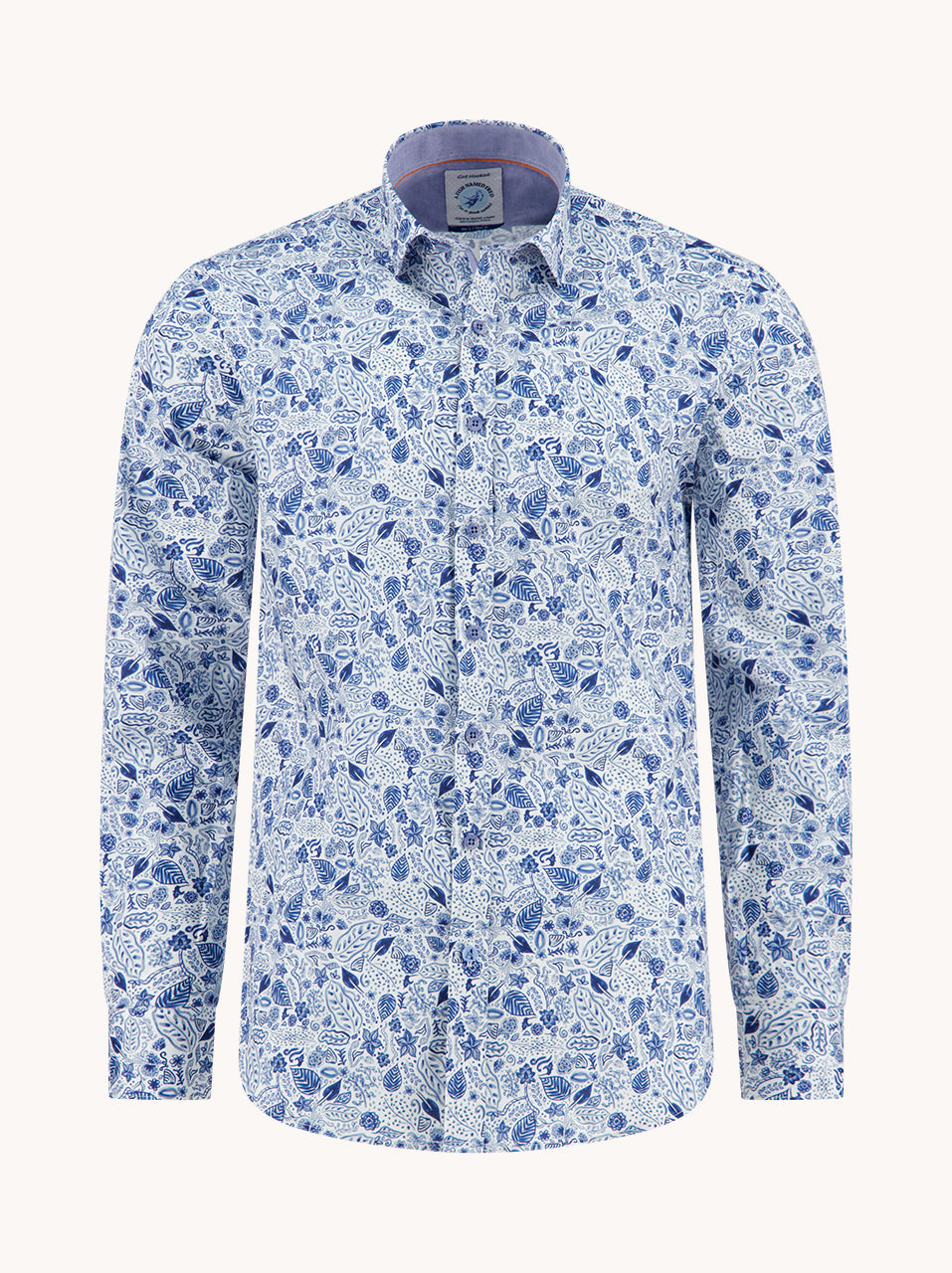 A Fish Named Fred Shirt Flower Lines in cobalt, front view