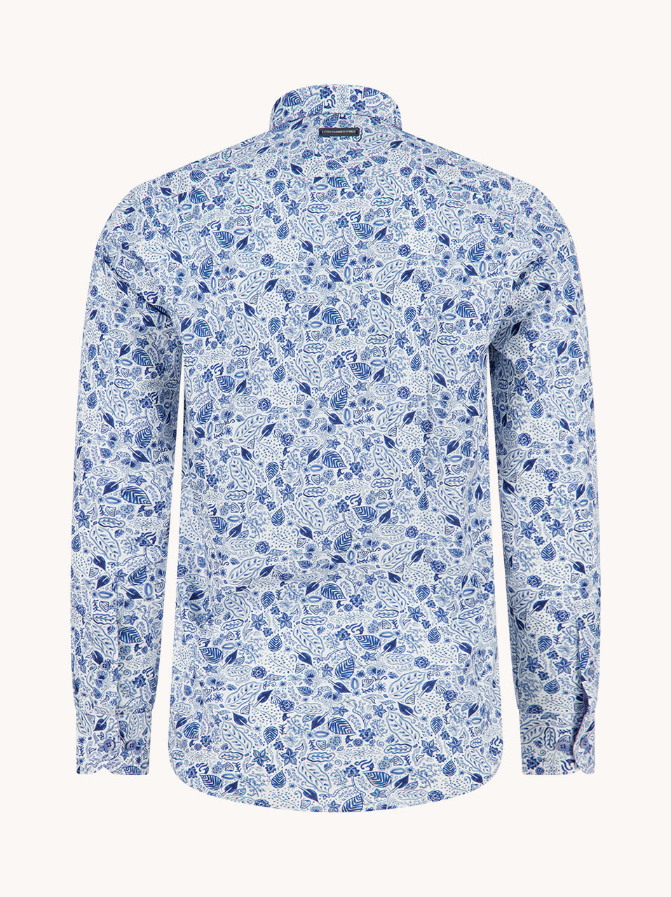 A Fish Named Fred Shirt Flower Lines in cobalt, back view