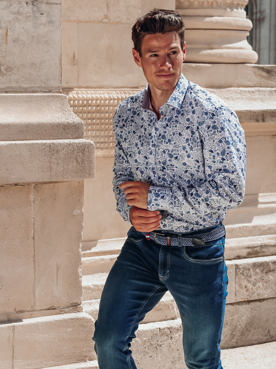 A Fish Named Fred Shirt Flower Lines in cobalt, worn by model