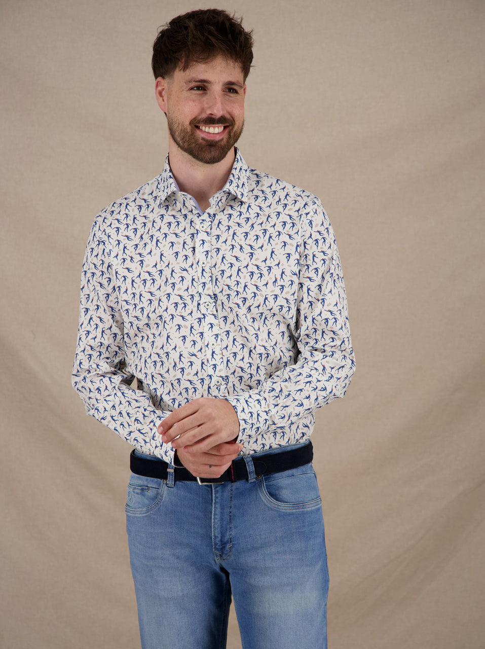 A Fish Named Fred Shirt Dancing off-white printed shirt worn by model