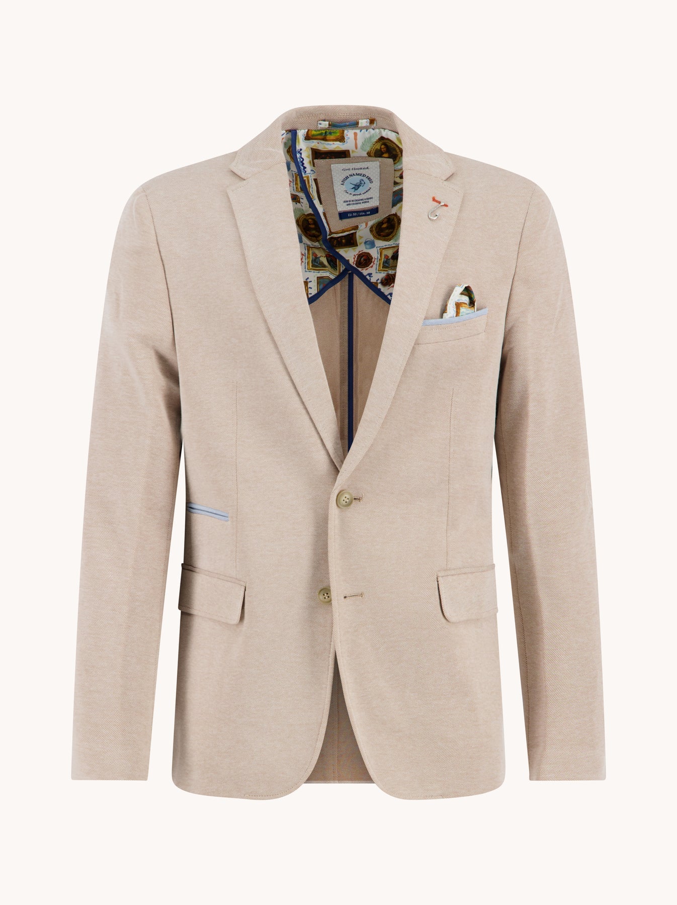 A Fish Named Fred Blazer Piqué in sand, front view with printed lining and pocket square detail