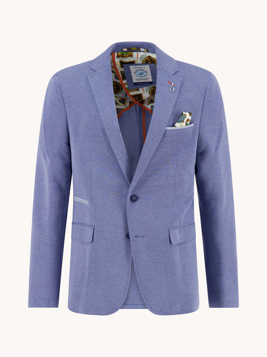 A Fish Named Fred Blazer Piqué in  jeans blue, front view with notch lapels, two-button closure and patterned inner lining