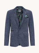 Front view of A Fish Named Fred Jeans Blue two-tone rib blazer with patterned lining, pocket square and fish-hook lapel detail