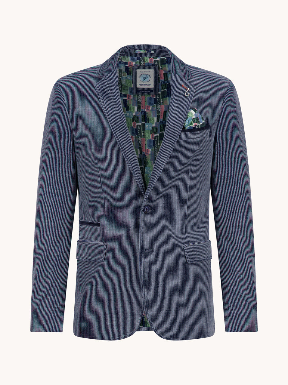 Front view of A Fish Named Fred Jeans Blue two-tone rib blazer with patterned lining, pocket square and fish-hook lapel detail