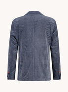 Back view of A Fish Named Fred Jeans Blue two-tone rib blazer showing the ribbed fabric and long sleeves