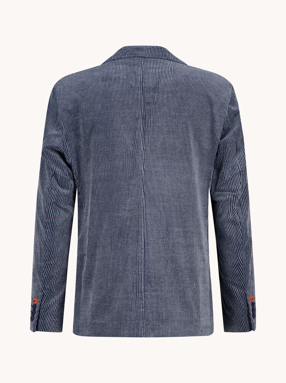 Back view of A Fish Named Fred Jeans Blue two-tone rib blazer showing the ribbed fabric and long sleeves