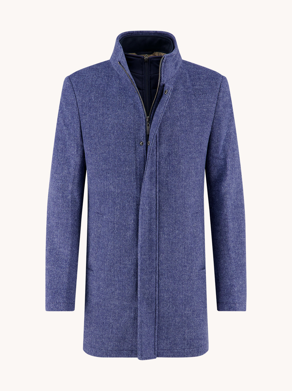 A Fish Named Fred Funnel Neck Coat in Jeans Blue, front view