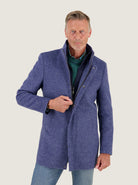 A Fish Named Fred Funnel Neck Coat in Jeans Blue, worn by model